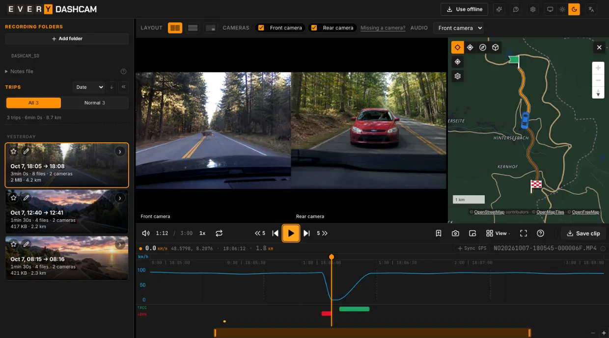 everydashcam изнутри: две камеры рядом, график скорости с отметками событий и маршрут на карте